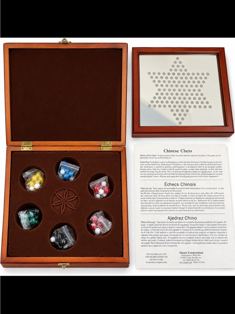Target Wooden Chinese Checkers Set with Brown Frame and Multi-Color Marbles